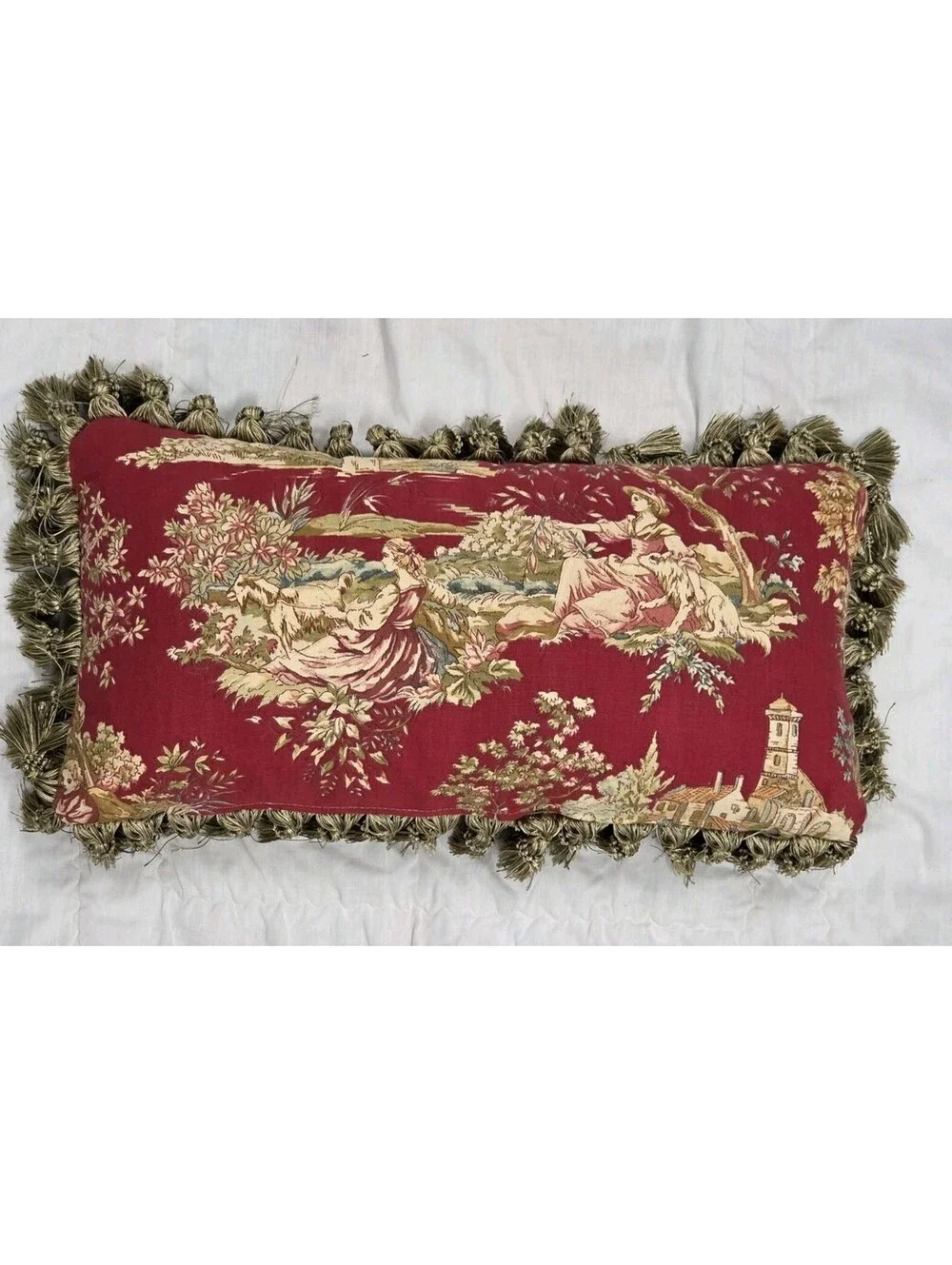 Wesley Hall 11 x 21 Fremont Red Pastorale Toile De Jouy Fringed Throw Pillow Vtg